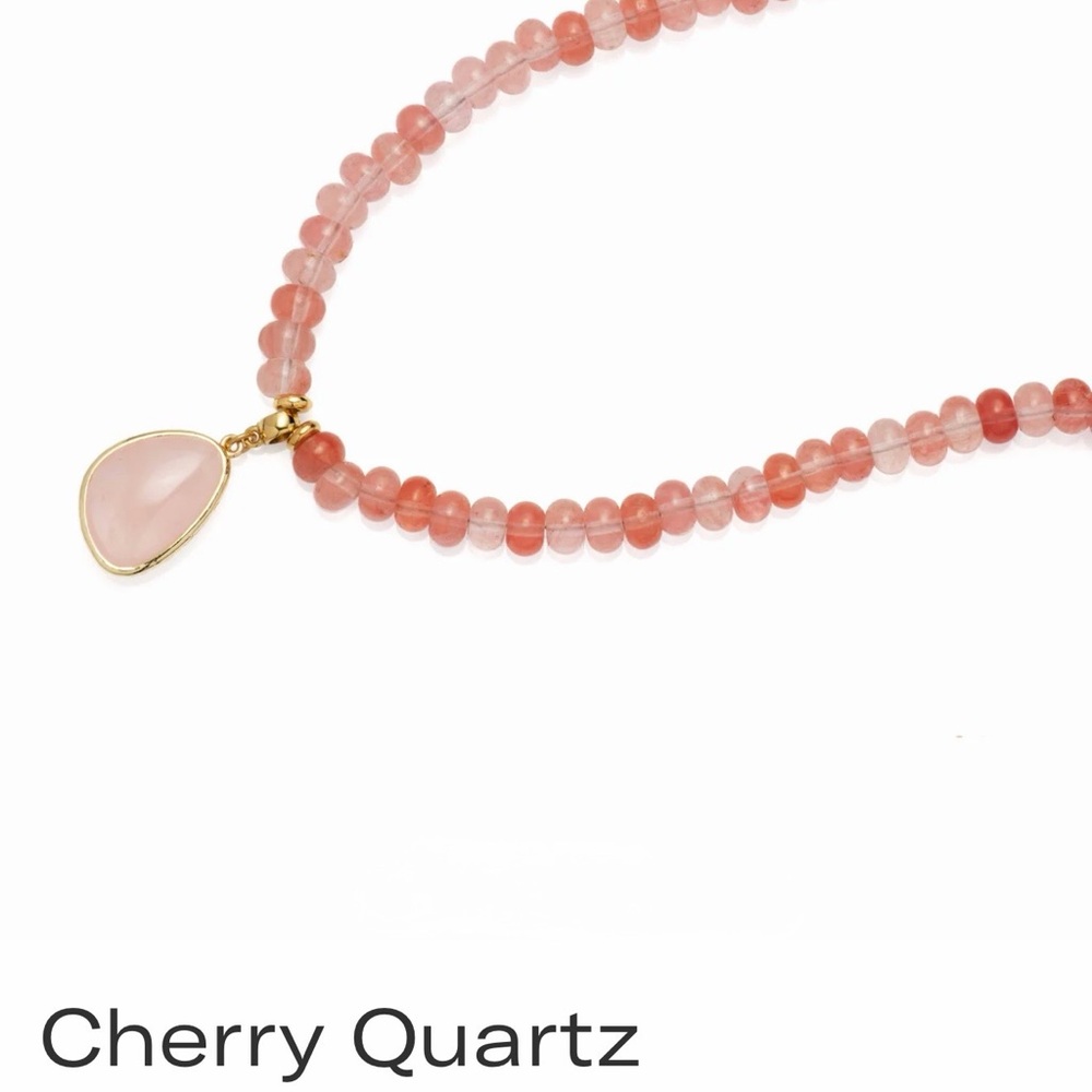 Cherry Quartz Beaded Necklace with Teardrop Pendant - Pink